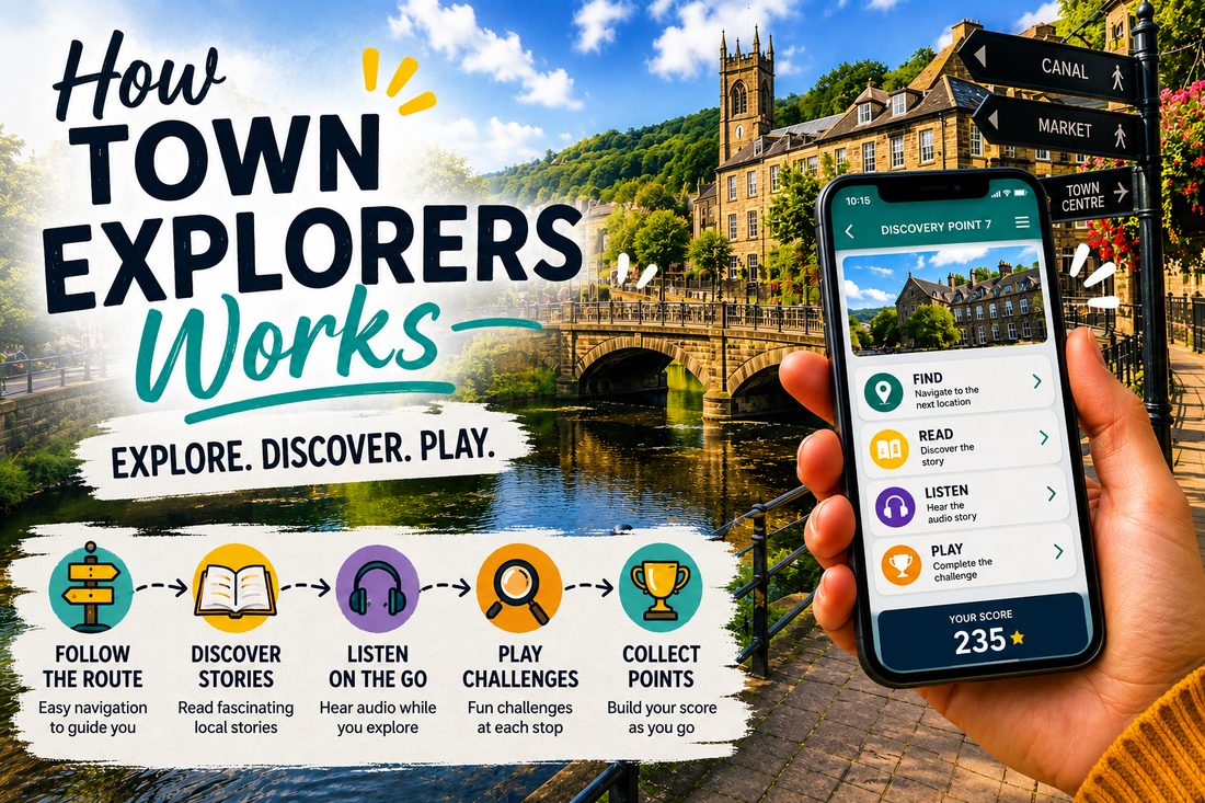 How Town Explorers works – self-guided walking trail with navigation, local stories, audio, Discovery Points, challenges and score tracking.