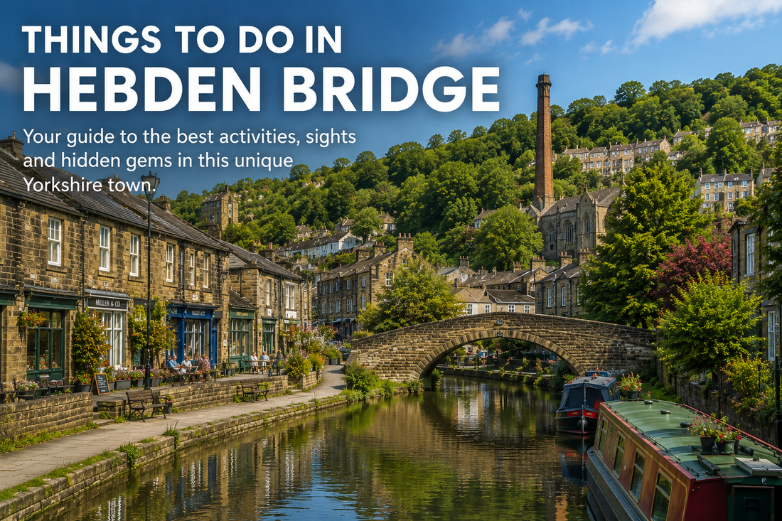 Things to do in Hebden Bridge, showing the Rochdale Canal, stone bridge, narrowboats and hillside buildings in West Yorkshire.