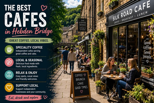 Outdoor café scene in Hebden Bridge with people drinking coffee beside independent shopfronts, stone buildings and canal views.