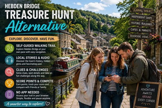 People exploring Hebden Bridge beside the canal with stone buildings, narrowboats and green hills, ideal for a self-guided treasure hunt alternative.