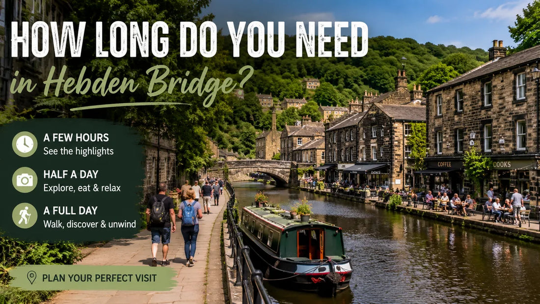 Canal towpath in Hebden Bridge with walkers, narrowboats, stone buildings and text showing visit options for a few hours, half a day and full day.