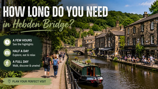 Canal towpath in Hebden Bridge with walkers, narrowboats, stone buildings and text showing visit options for a few hours, half a day and full day.