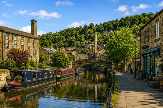 Sunny canal view in Hebden Bridge with narrowboats, stone buildings, a bridge and green hillside scenery in West Yorkshire.