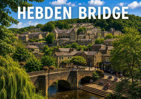 Hebden Bridge self-guided walking tour showing the historic stone bridge, riverside steps and hillside Yorkshire town centre.